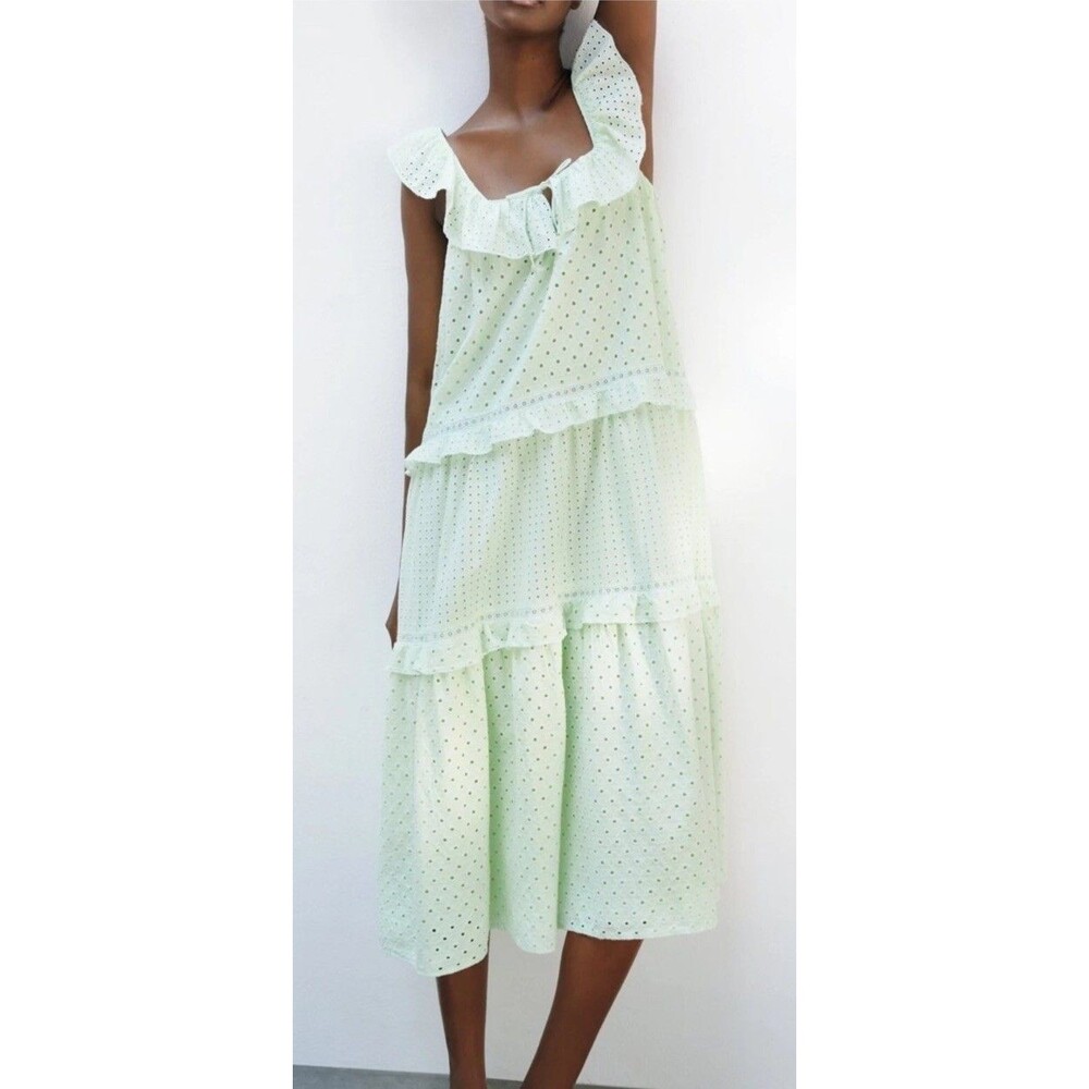 ZARA Mint Green Embroidered Eyelet Long Dress SZ M